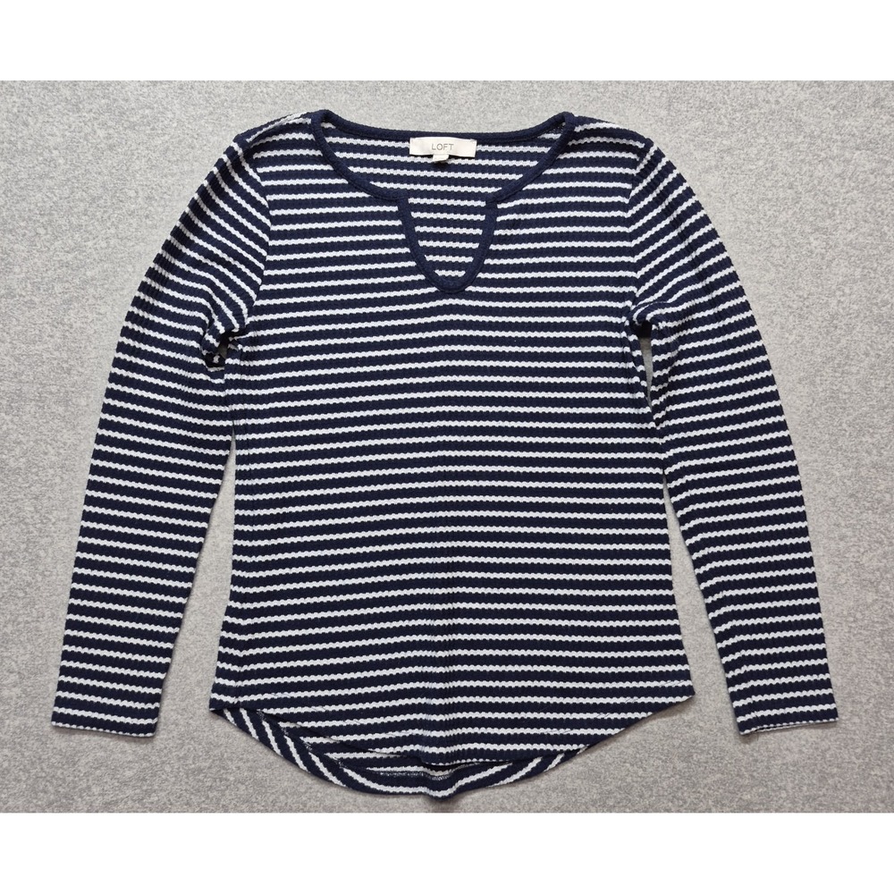 LOFT Shirt Womens M Striped Scoop Neck Tee Navy Blue White Half Sleeve Stretch